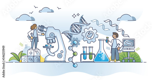Bioengineer profession job and biochemical research work outline concept. Biotechnology and genetic research with DNA laboratory vector illustration. Healthcare medicine technological experiments.