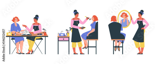 Make up artist working with client, set of flat vector illustrations isolated on white background.