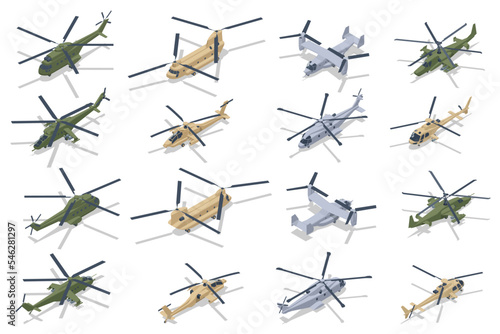 Isometric set of Military Aviation Air Force. Transport, attack helicopters. Military airplane at flying. Military air transport.