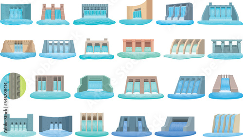 Hydro power station dam icons set cartoon vector. Water plant. Electric dam