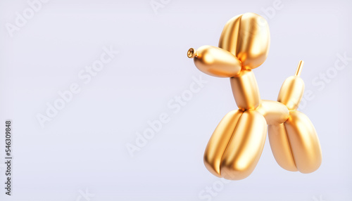 Dog with a golden balloon on a blue background. 3d illustration.