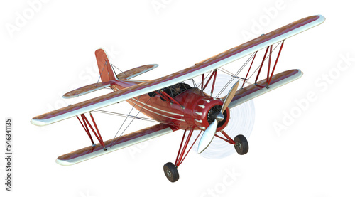 Flying red biplane light aircraft 3D illustration of airplane