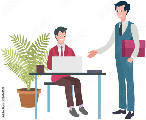 Teamwork concept with two men solving tasks together, sitting at table with laptop. Boss talking to subordinate in office. Collaboration employees talking, discussing plan, working with computer