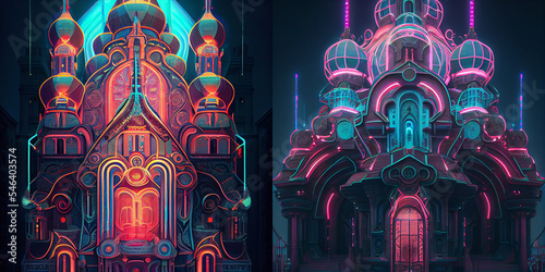 Cyberpunk orthodox church, stained glass window in church, neon lights, neon forms, abstract, collection