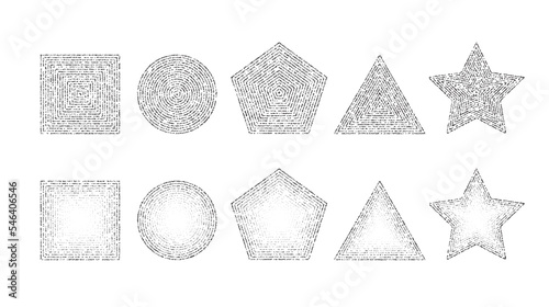 Dotted grainy shapes set. Stippled square, circle, triangle, star and pentagon with gradient. Grain noise geometric forms. Stochastic dot work collection. 