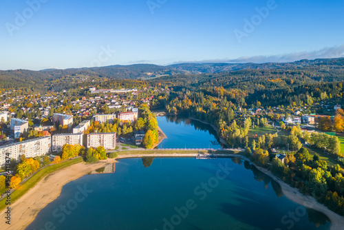 Mseno water reservoir in Jablonec nad Nisou. . Aerial view from drone.
