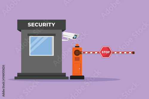 Character flat drawing automatic striped barrier gate with guard posts and CCTV monitor, guarding the entrance to the most important offices in the nation's capital. Cartoon design vector illustration