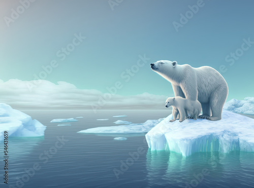 An arctic iceberg is pictured above a polar bear mother with cubs. Floating icebergs are caused by climate change and melting glaciers, which are natural disasters. 3D rendering.