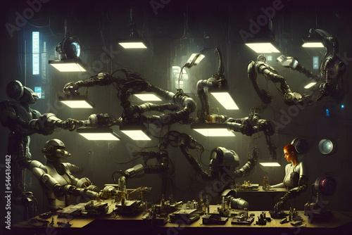 3d abstract render of machines fixing other machines in a workshop of the gloomy dystopian cyber future AI cyborgs
