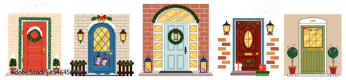 Collage of front doors decorated for Christmas celebration on white background