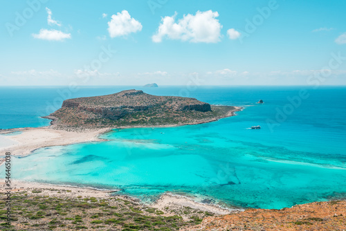 Balos lagoon, crete island, greece: view to tagani island with white sandy beach and turquoise blue water at the main tourist destination near chania