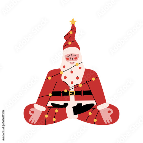 Flat vector hand drawn Santa Claus meditating isolated on white background