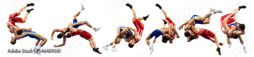 A set of high wrestling throws, tricks. Two young male athletes in blue and red wrestling tights wrestling on a white background