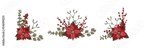 Set of Christmas botany compositions with poinsettia flower and mistletoe. Vector illustration in sketch style isolated on white background