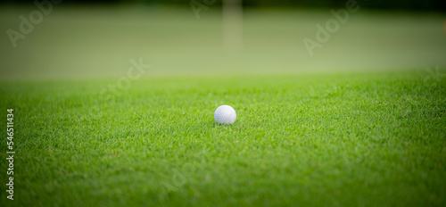 A white golf ball on green grass near hole with golf course background,green tree sun rays. 