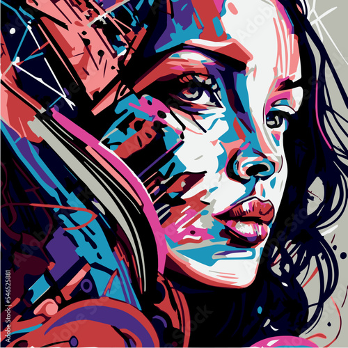 Graffiti woman vector illustration. Pop art modern graphic design. Cartoon style of colorful urban artwork. Beautiful young lady. Spray paint fashion poster. Street art. Cool strong fashion female.