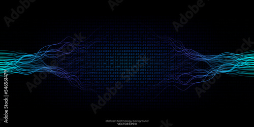 Vector abstract technology background wavy neural network lines and binary code texture background by blue green light on black for banner in concept digital, technology, big data, computer, science.