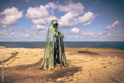 Tintagel - May 30 2022: Statue of the legendary King Arthur in the ancient town of Tintagel in Cornwall, England.