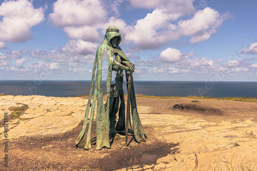 Tintagel - May 30 2022: Statue of the legendary King Arthur in the ancient town of Tintagel in Cornwall, England.