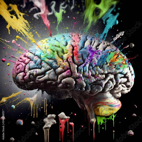 Conceptual illustration showing the human brain of multiple genders, more than two. Identifying as a non-binary, transsexual or LGBTQUARTO person. Rainbow explosion 