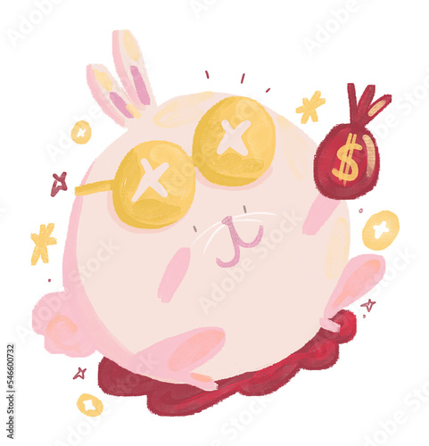Diseño de personaje conejo para año nuevo chino sin fondo y con elementos de dinero, monedas chinas y estrellas