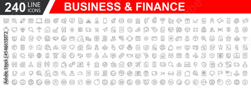 Big set of 240 Business icons. Business and Finance web icons. Vector business and finance editable stroke line icon set with money, bank, check, law, auction, exchance, payment. Vector illustration.