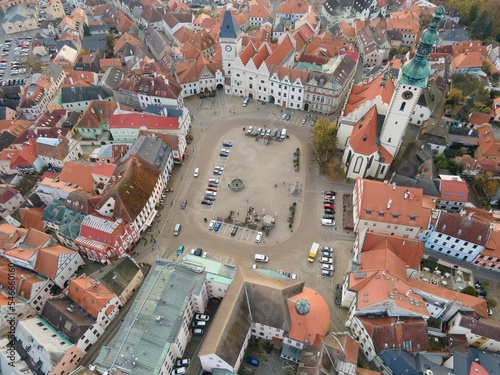 Drone view of the downtown square with the monastery complex, Tabor, Czech Republic, aerial