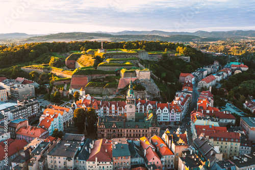 Top view of the old town in Klodzko, a city at the foot of the fortress, a beautiful Polish cityscape at sunset