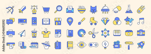 Icon set for creatives and businesses. Modern and trendy web icons for content creators. Pictogram collection. Vector illustration. Isolated object. Corporate iconography. Tech and creative symbols.