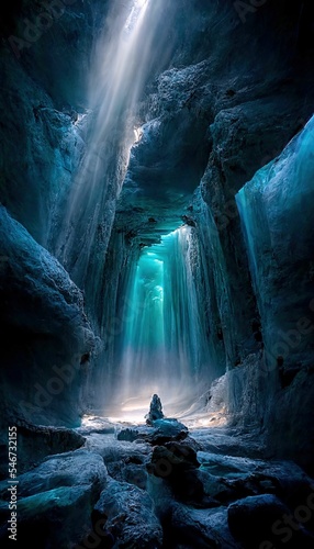 Inside a blue glacial ice cave in the glacier with waterfalls