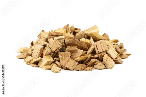 Wood chips for smocking isolated on white. Natural apricot wood smoking chunks