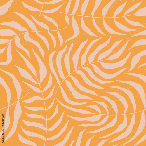 Groovy leaf seamless pattern. Retro trippy cute palm leaves on a yellow background. Summer abstract floral textile vintage print. Pastel trendy garden ornament in 70s moody style.