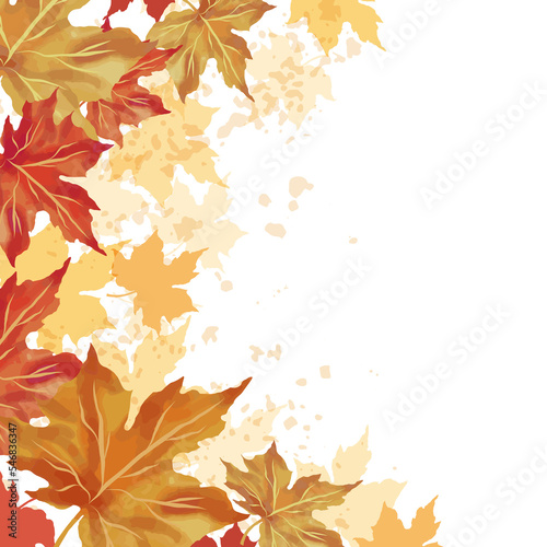 Autumn leaf fall frame. Colorful maple leaves with watercolor background