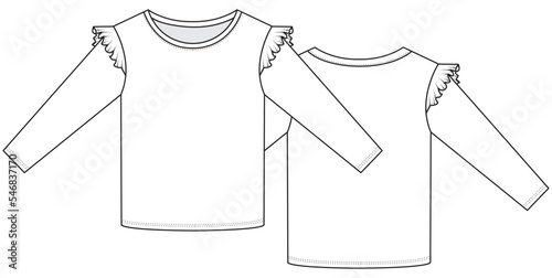 girls long sleeve crew neck t shirt with frill shoulder flat sketch vector illustration front and back view technical cad drawing template