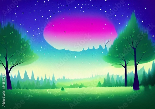 Magic nigh or evening landscape flat illustration. Shiny beautiful nature backdrop background, large size art print