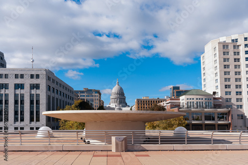 monona terrace and the state capitol building in the distance in downtown madison wisconsin