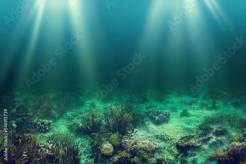 Rays of sun seascape at bottom of sea trench of underwater world