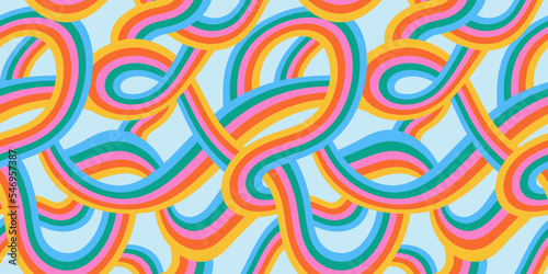 Retro 60s style rainbow seamless pattern with pastel color stripes. Vintage psychedelic wave cartoon background. Trendy hippie 70s stripe print illustration.