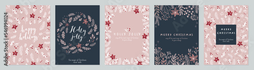 Christmas card set - hand drawn floral flyers. Lettering with Christmas decorative elements.