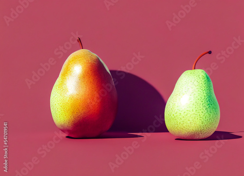 Two beautiful pears aligned on a red background, ideally presented to sell the perfection of a natural and organic product.