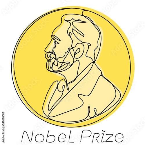 Nobel Prize in one line with a golden silhouette. Honorable Achievement in the Field of Scientific Achievement. Vector editorial illustration portrait of Alfred Nobel.
