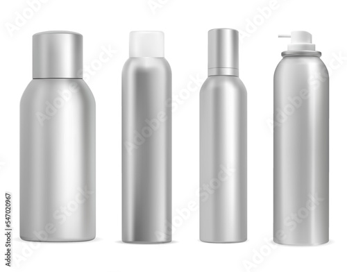 Metal aerosol can mockup. Aluminum deodorant spray bottle, silver plastic lid. Hairspray cosmetic can illustration, realistic hair care product. Paint sprayer tin, steel tube for label