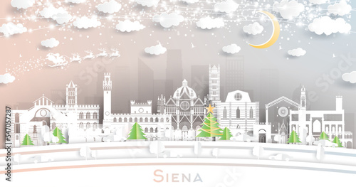Siena Tuscany Italy City Skyline in Paper Cut Style with Snowflakes, Moon and Neon Garland.
