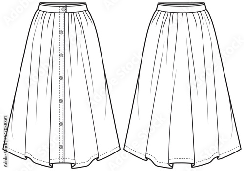 womens button front skirt flat technical cad drawing vector template