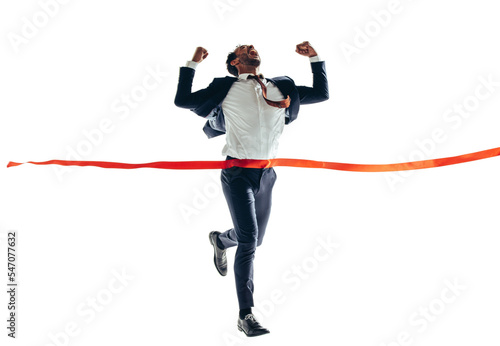 Winning businessman approaching the finish line on a transparent background