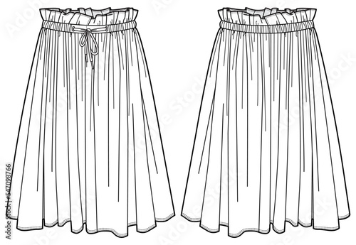 women's drawstring waist midi skirt flat sketch vector illustration technical cad drawing template