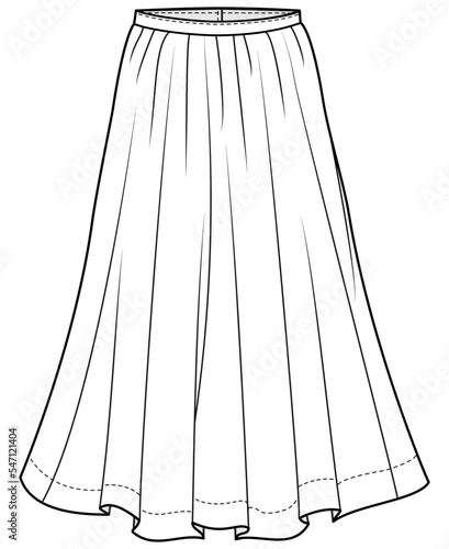 womens maxi skirt flat technical cad drawing template