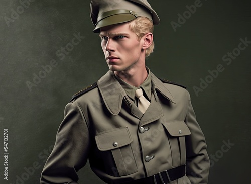 A 3D template model of a German soldier uniform from the Second World War. Wehrmacht army cosplay from the 1940s of Germany officer, historical clothes with copy space for patches.