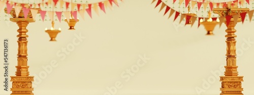 hindu festival element for web banner, horizontal size in 3d render with golden pillar and hanging diya lamp