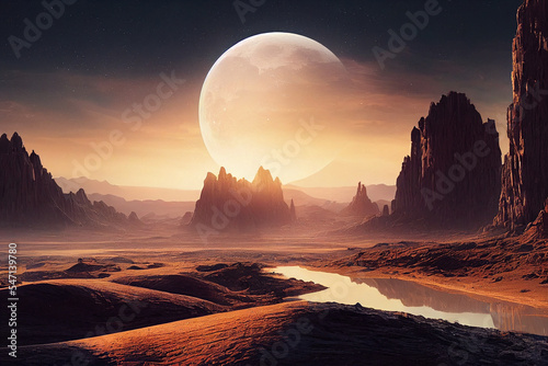 an alien planet landscape with a giant moon in the distance digital art illustration